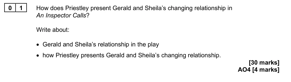 June 2025 Paper 2, question 01: How does Priestley present Gerald and Sheila’s changing relationship in An Inspector Calls? Write about: • Gerald and Sheila’s relationship in the play • how Pr