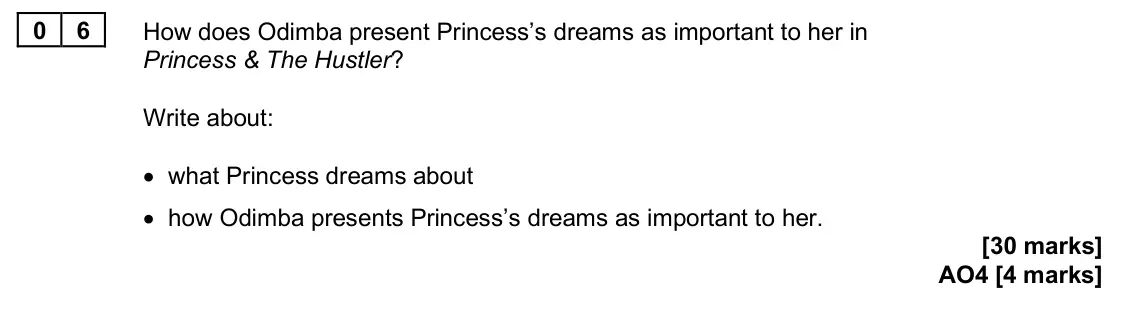 June 2025 Paper 2, question 06: How does Odimba present Princess’s dreams as important to her in Princess & The Hustler? Write about: • what Princess dreams about • how Odimba presents Princes