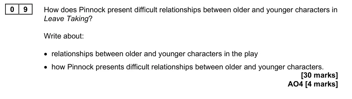 June 2025 Paper 2, question 09: How does Pinnock present difficult relationships between older and younger characters in Leave Taking? Write about: • relationships between older and younger ch