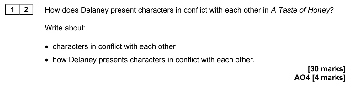 June 2025 Paper 2, question 12: How does Delaney present characters in conflict with each other in A Taste of Honey? Write about: • characters in conflict with each other • how Delaney present