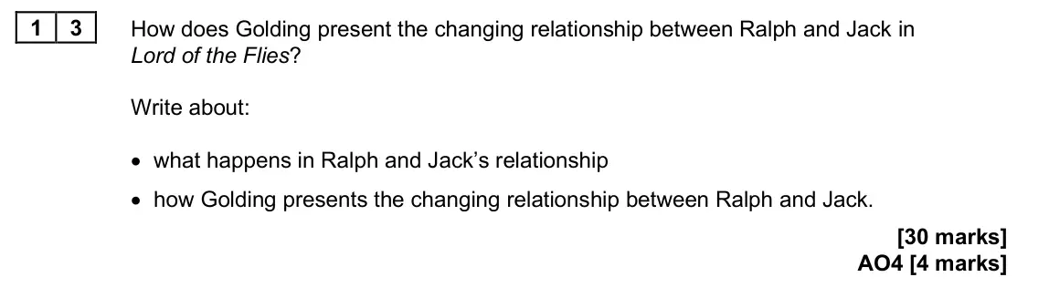 June 2025 Paper 2, question 13: How does Golding present the changing relationship between Ralph and Jack in Lord of the Flies? Write about: • what happens in Ralph and Jack’s relationship • h