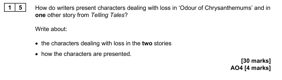 June 2025 Paper 2, question 15: How do writers present characters dealing with loss in ‘Odour of Chrysanthemums’ and in one other story from Telling Tales? Write about: • the characters dealin