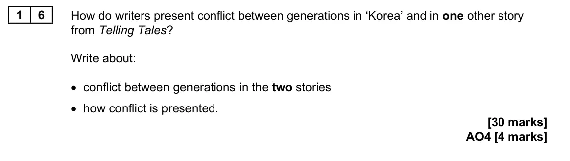 June 2025 Paper 2, question 16: How do writers present conflict between generations in ‘Korea’ and in one other story from Telling Tales? Write about: • conflict between generations in the two