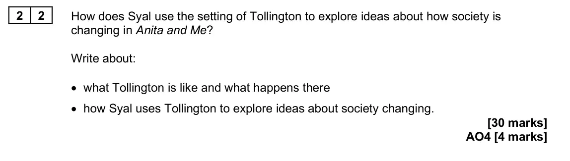 June 2025 Paper 2, question 22: How does Syal use the setting of Tollington to explore ideas about how society is changing in Anita and Me? Write about: • what Tollington is like and what happ