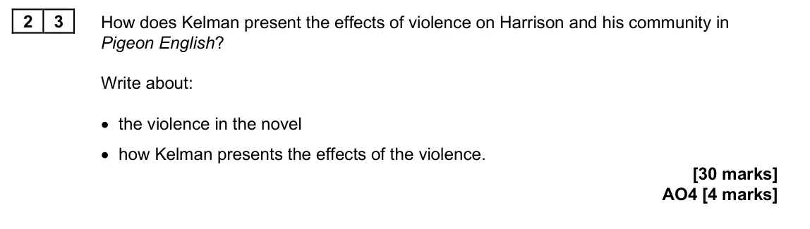 June 2025 Paper 2, question 23: How does Kelman present the effects of violence on Harrison and his community in Pigeon English? Write about: • the violence in the novel • how Kelman presents 
