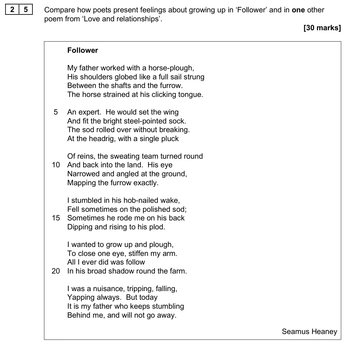 June 2025 Paper 2, question 25: Compare how poets present feelings about growing up in ‘Follower’ and in one other poem from ‘Love and relationships’.