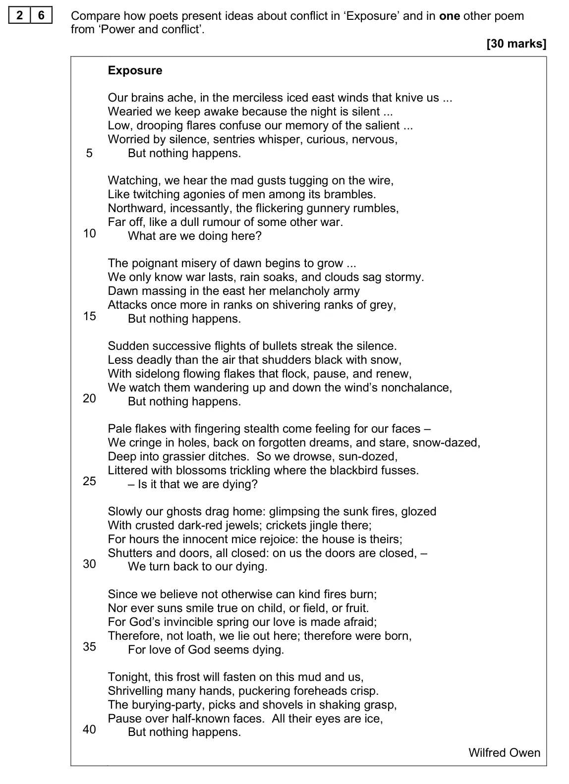 June 2025 Paper 2, question 26: Compare how poets present ideas about conflict in ‘Exposure’ and in one other poem from ‘Power and conflict’.