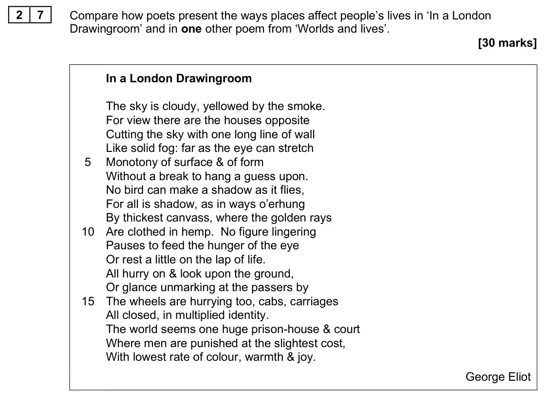 June 2025 Paper 2, question 27: Compare how poets present the ways places affect people’s lives in ‘In a London Drawingroom’ and in one other poem from ‘Worlds and lives’.