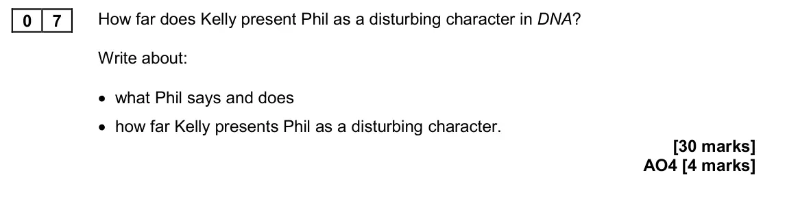 November 2020 Paper 2, question 07: How far does Kelly present Phil as a disturbing character in DNA? Write about: • what Phil says and does • how far Kelly presents Phil as a disturbing character