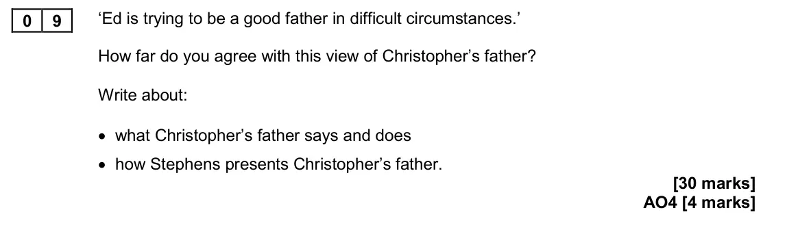 November 2020 Paper 2, question 09: ‘Ed is trying to be a good father in difficult circumstances.’ How far do you agree with this view of Christopher’s father? Write about: • what Christopher’s fa