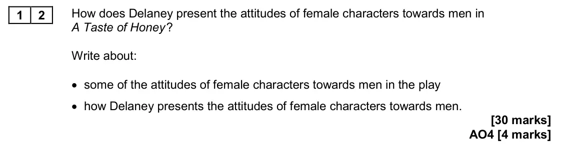 November 2020 Paper 2, question 12: How does Delaney present the attitudes of female characters towards men in A Taste of Honey ? Write about: • some of the attitudes of female characters towards 