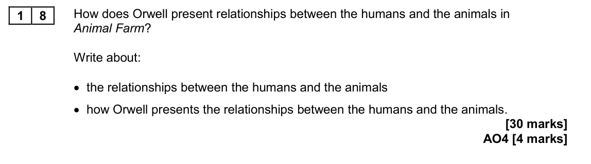 November 2020 Paper 2, question 18: How does Orwell present relationships between the humans and the animals in Animal Farm? Write about: • the relationships between the humans and the animals • h