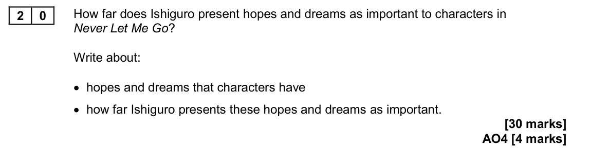 November 2020 Paper 2, question 20: How far does Ishiguro present hopes and dreams as important to characters in Never Let Me Go? Write about: • hopes and dreams that characters have • how far Ish