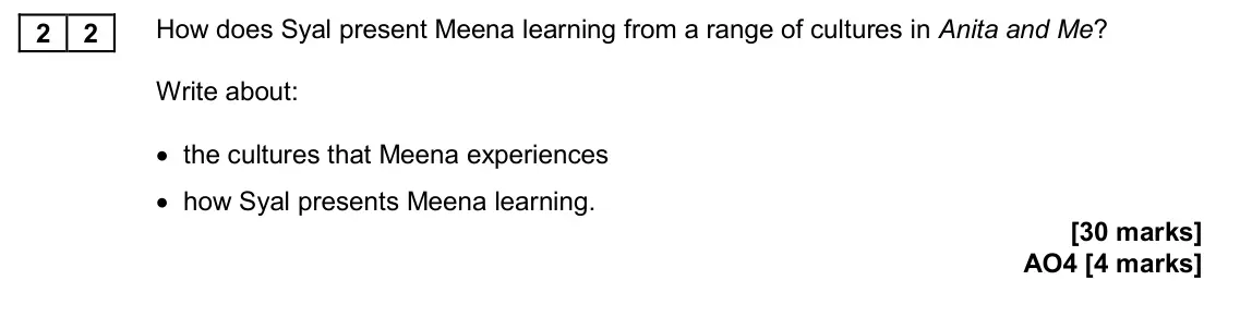 November 2020 Paper 2, question 22: How does Syal present Meena learning from a range of cultures in Anita and Me? Write about: • the cultures that Meena experiences • how Syal presents Meena lear