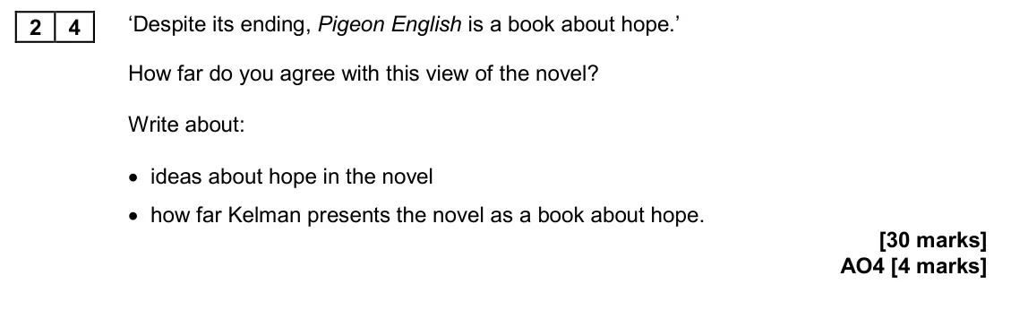 November 2020 Paper 2, question 24: ‘Despite its ending, Pigeon English is a book about hope.’ How far do you agree with this view of the novel? Write about: • ideas about hope in the novel • how 