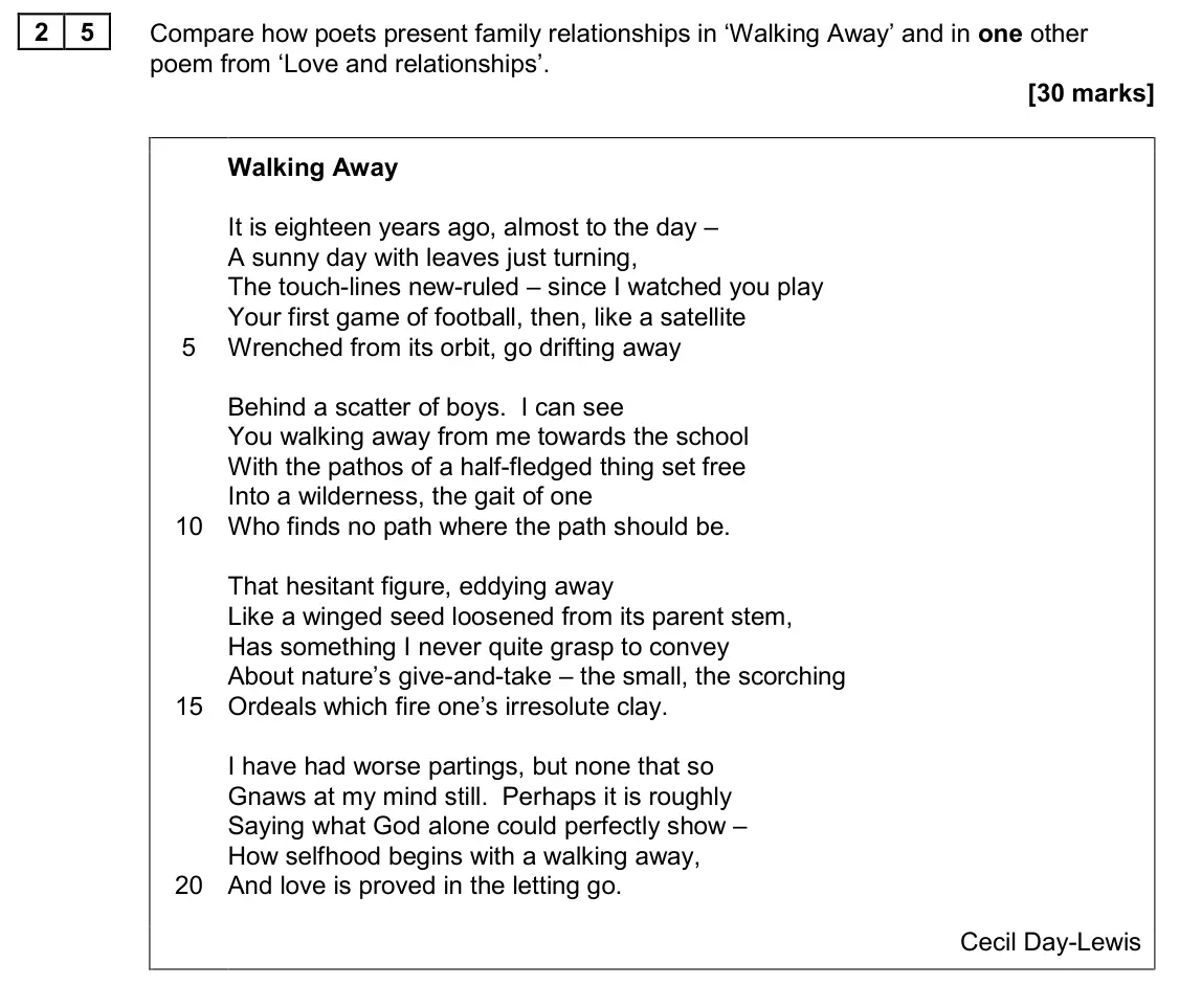 November 2020 Paper 2, question 25: Compare how poets present family relationships in ‘Walking Away’ and in one other poem from ‘Love and relationships’.