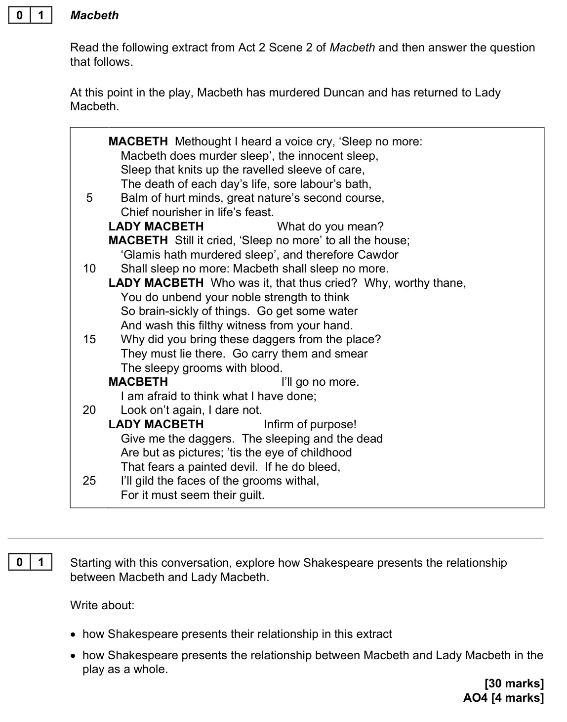November 2021 Paper 2, question 01: Starting with this conversation, explore how Shakespeare presents the relationship between Macbeth and Lady Macbeth. Write about: • how Shakespeare presents the