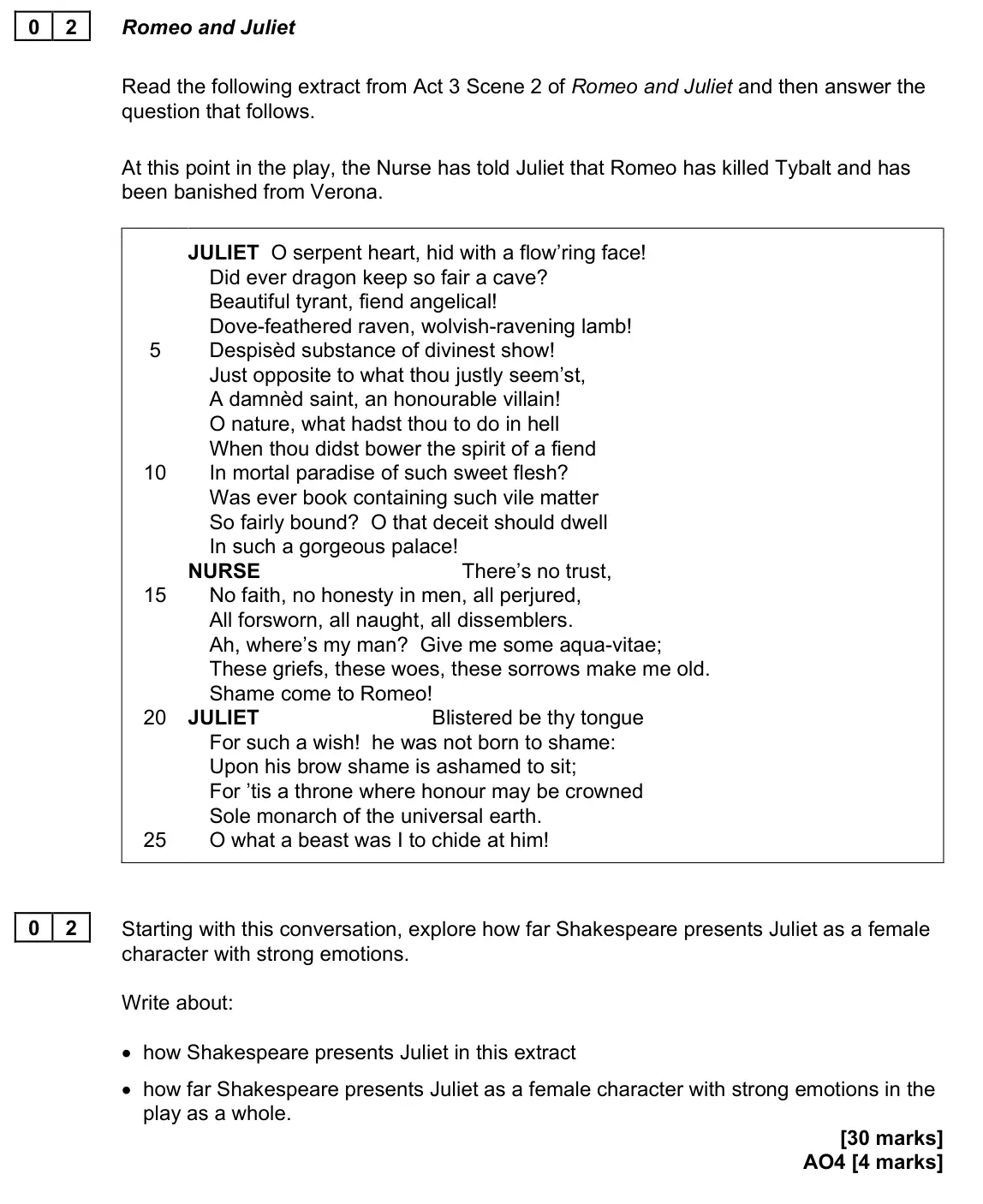 November 2021 Paper 2, question 02: Starting with this conversation, explore how far Shakespeare presents Juliet as a female character with strong emotions. Write about: • how Shakespeare presents