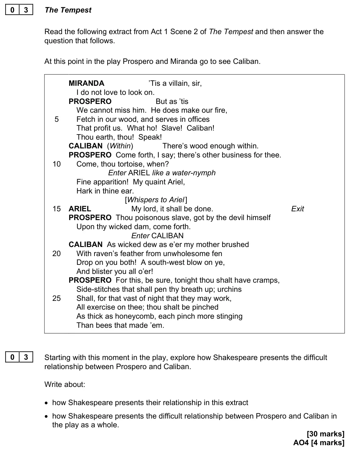 November 2021 Paper 2, question 03: Starting with this moment in the play, explore how Shakespeare presents the difficult relationship between Prospero and Caliban. Write about: • how Shakespeare