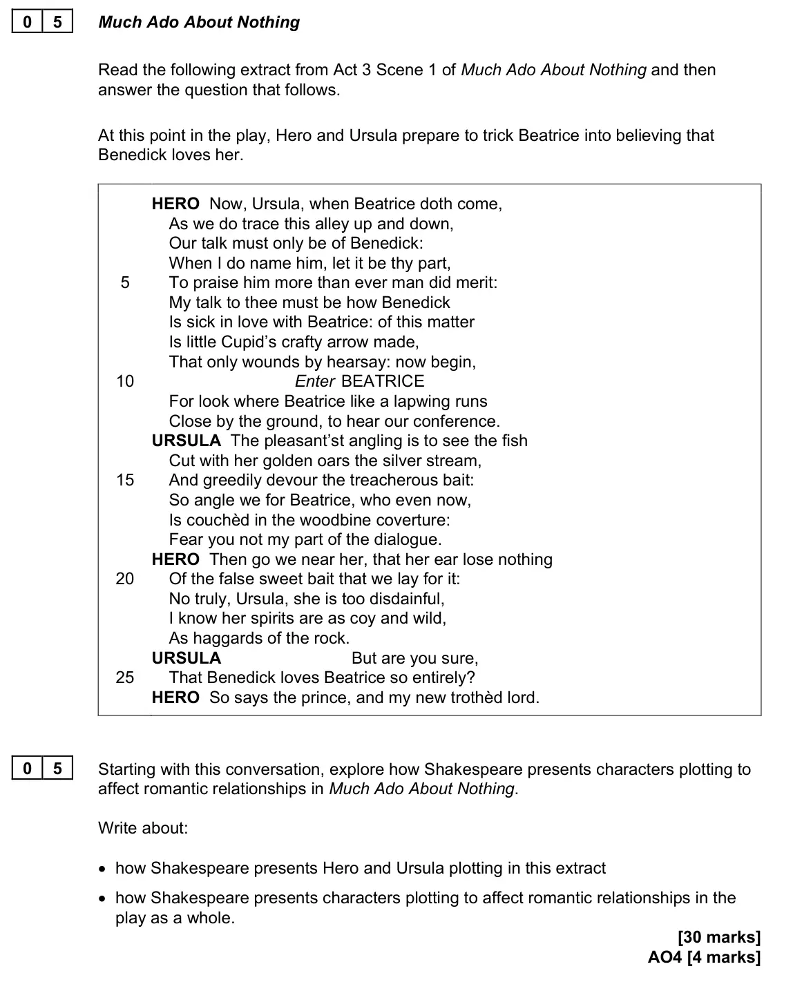 November 2021 Paper 2, question 05: Starting with this conversation, explore how Shakespeare presents characters plotting to affect romantic relationships in Much Ado About Nothing. Write about: •