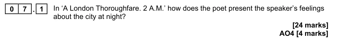 November 2021 Paper 2, question 07.1: In ‘A London Thoroughfare. 2 A.M.’ how does the poet present the speaker’s feelings about the city at night?