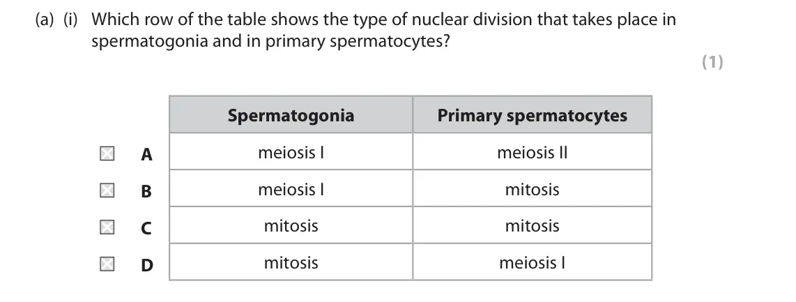 June 2022 AS Paper 1, question 9(a)(i): Which row of the table shows the type of nuclear division that takes place in spermatogonia and in primary spermatocytes? (1) Spermatogonia Primary spermatocyte