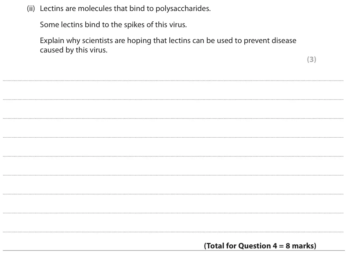 June 2023 AS Paper 1, question 4(c)(ii): Lectins are molecules that bind to polysaccharides. Some lectins bind to the spikes of this virus. Explain why scientists are hoping that lectins can be used to
