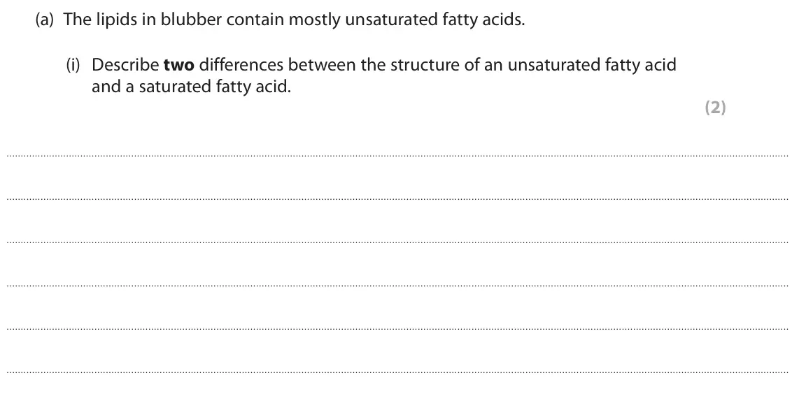 June 2023 AS Paper 1, question 7(a)(i): Describe two differences between the structure of an unsaturated fatty acid and a saturated fatty acid. (2)