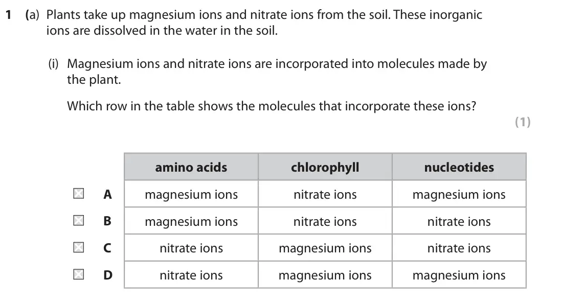 June 2024 AS Paper 1, question 1(a)(i): Magnesium ions and nitrate ions are incorporated into molecules made by the plant. Which row in the table shows the molecules that incorporate these ions? (1) a