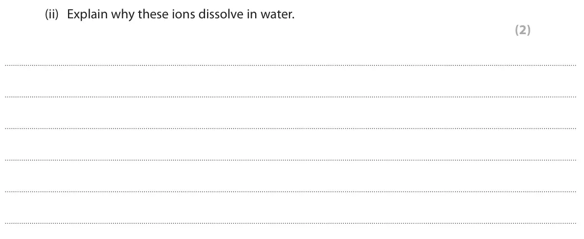 June 2024 AS Paper 1, question 1(a)(ii): Explain why these ions dissolve in water. (2)