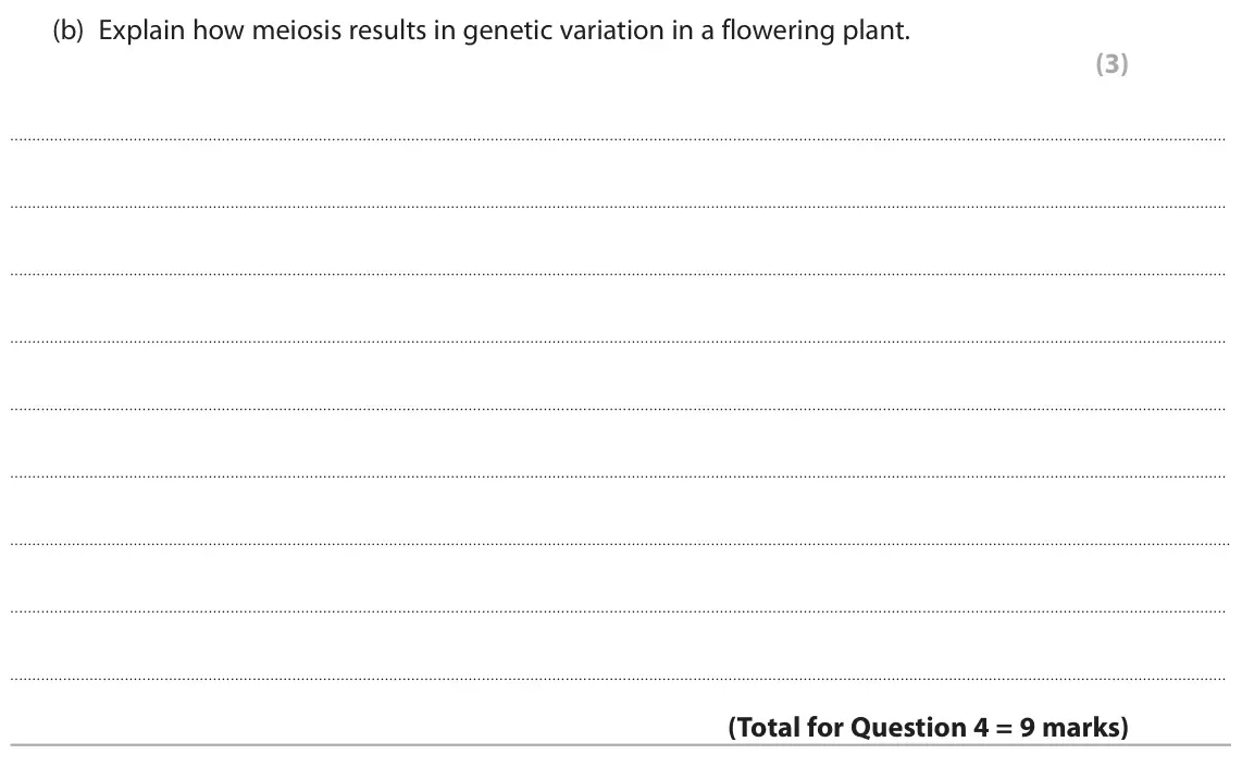June 2024 AS Paper 1, question 4(b): Explain how meiosis results in genetic variation in a flowering plant. (3)