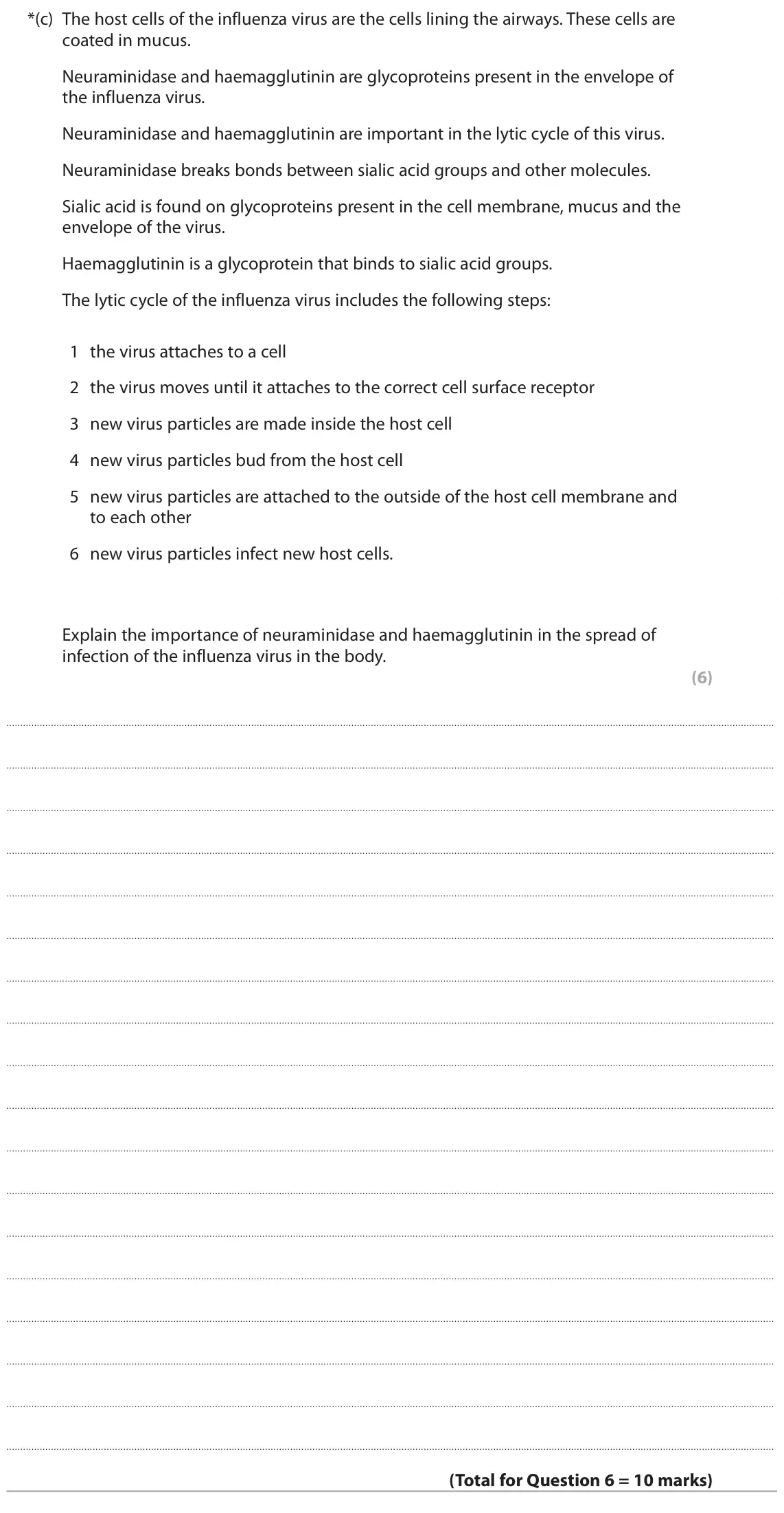 June 2024 AS Paper 1, question 6(c): The host cells of the influenza virus are the cells lining the airways. These cells are coated in mucus. Neuraminidase and haemagglutinin are glycoproteins pres