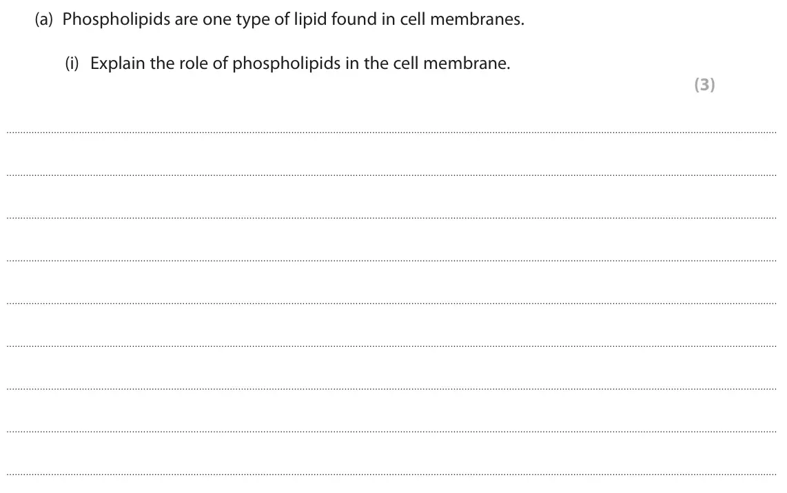 June 2024 AS Paper 1, question 9(a)(i): Explain the role of phospholipids in the cell membrane. (3)