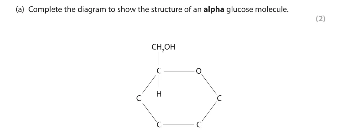 June 2025 AS Paper 1, question 1(a): Complete the diagram to show the structure of an alpha glucose molecule. (2) CH2OH C O H C C C C
