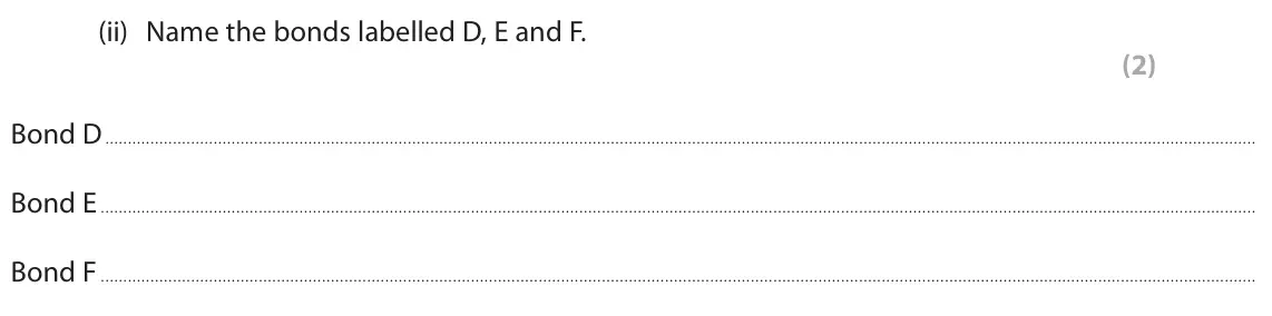 June 2025 AS Paper 1, question 2(a)(ii): Name the bonds labelled D, E and F. (2) Bond D Bond E Bond F