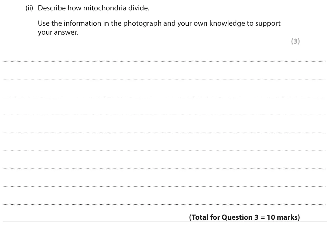 June 2025 AS Paper 1, question 3(b)(ii): Describe how mitochondria divide. Use the information in the photograph and your own knowledge to support your answer. (3)