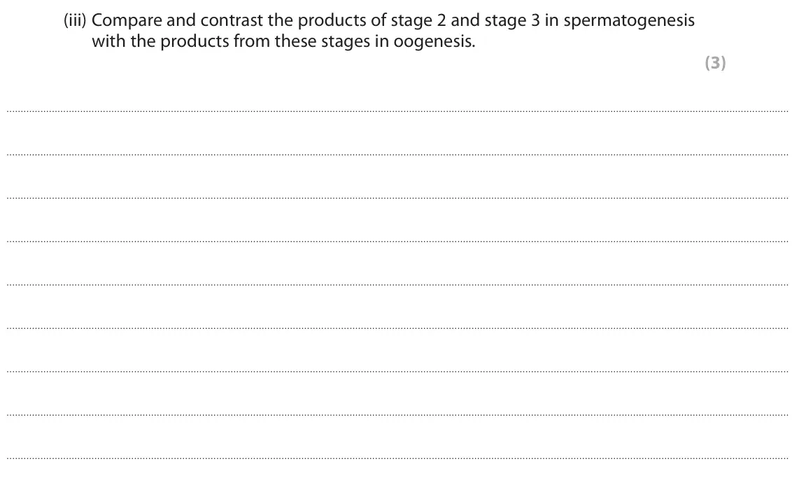 November 2021 AS Paper 1, question 8(a)(iii): Compare and contrast the products of stage 2 and stage 3 in spermatogenesis with the products from these stages in oogenesis. (3)