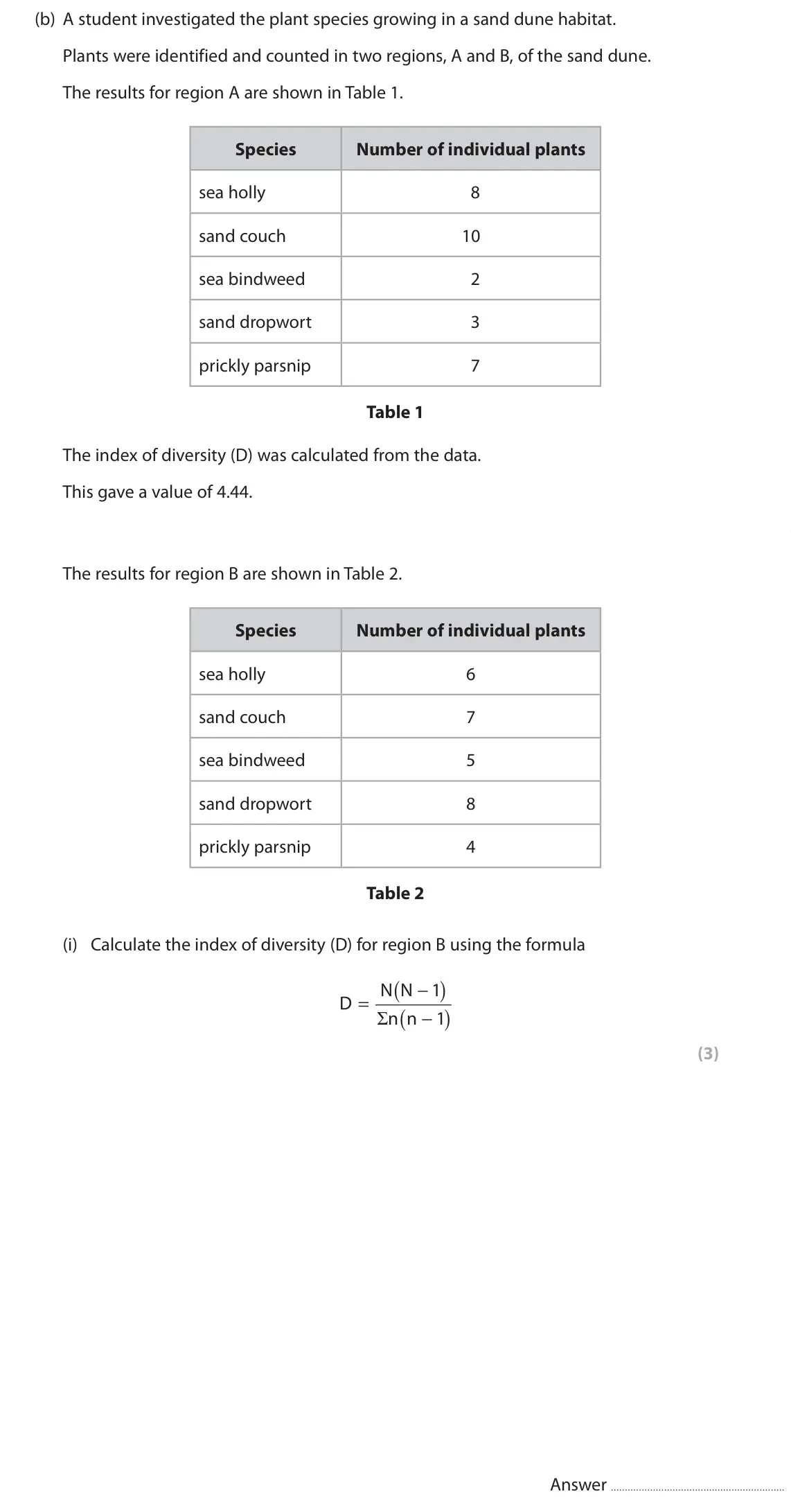 June 2022 AS Paper 2, question 2(b)(i): Calculate the index of diversity (D) for region B using the formula ( ) N N − 1 = D ( ) Σ − n n 1 (3) Answer