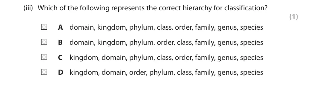 June 2023 AS Paper 2, question 4(a)(iii): Which of the following represents the correct hierarchy for classification? (1) A domain, kingdom, phylum, class, order, family, genus, species B domain, kingdo