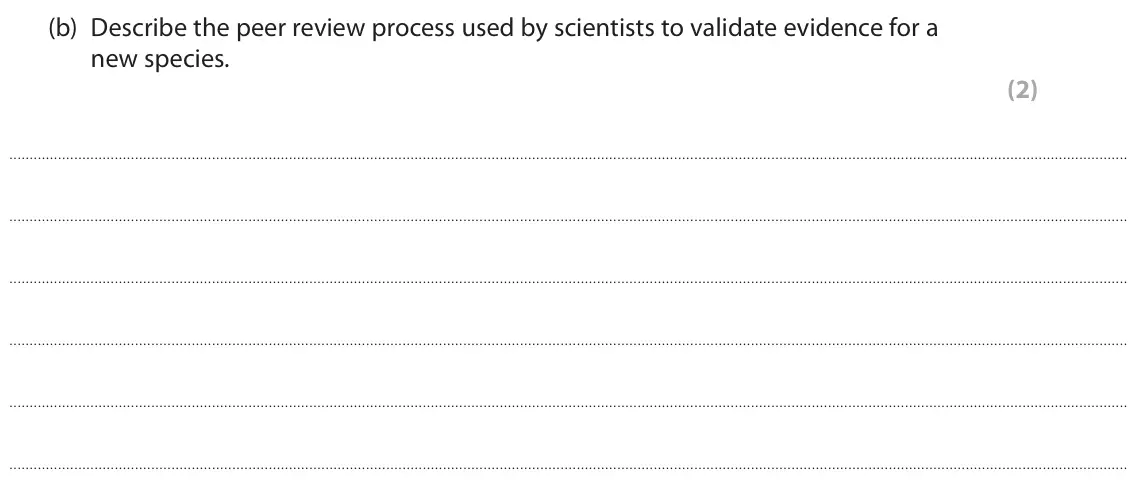 June 2023 AS Paper 2, question 4(b): Describe the peer review process used by scientists to validate evidence for a new species. (2)