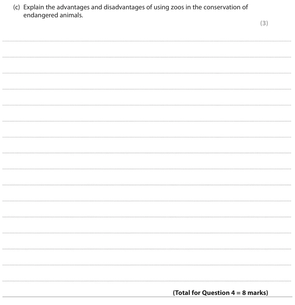 June 2023 AS Paper 2, question 4(c): Explain the advantages and disadvantages of using zoos in the conservation of endangered animals. (3)