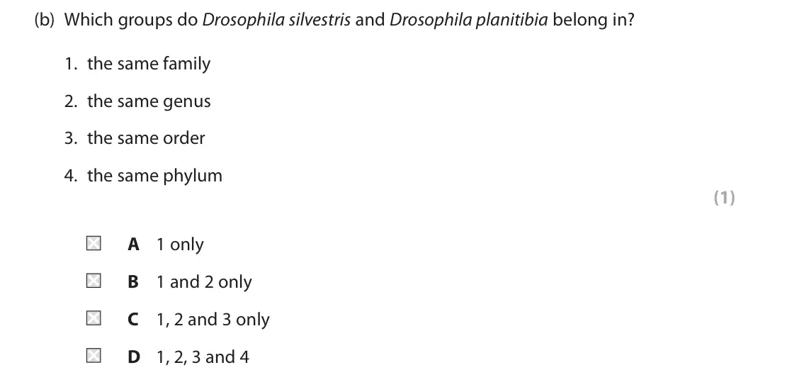 June 2023 AS Paper 2, question 7(b): Which groups do Drosophila silvestris and Drosophila planitibia belong in? 1. the same family 2. the same genus 3. the same order 4. the same phylum (1) A 1 onl