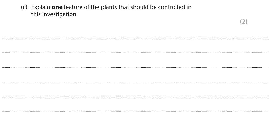 June 2024 AS Paper 2, question 3(a)(ii): Explain one feature of the plants that should be controlled in this investigation. (2)