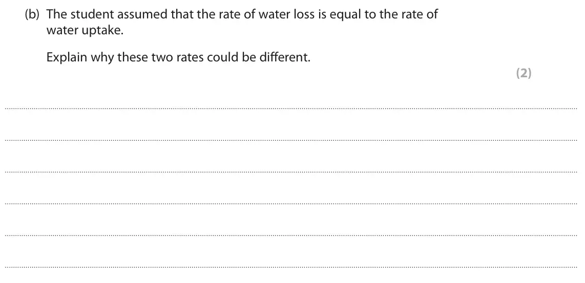 June 2024 AS Paper 2, question 3(b): The student assumed that the rate of water loss is equal to the rate of water uptake. Explain why these two rates could be different. (2)