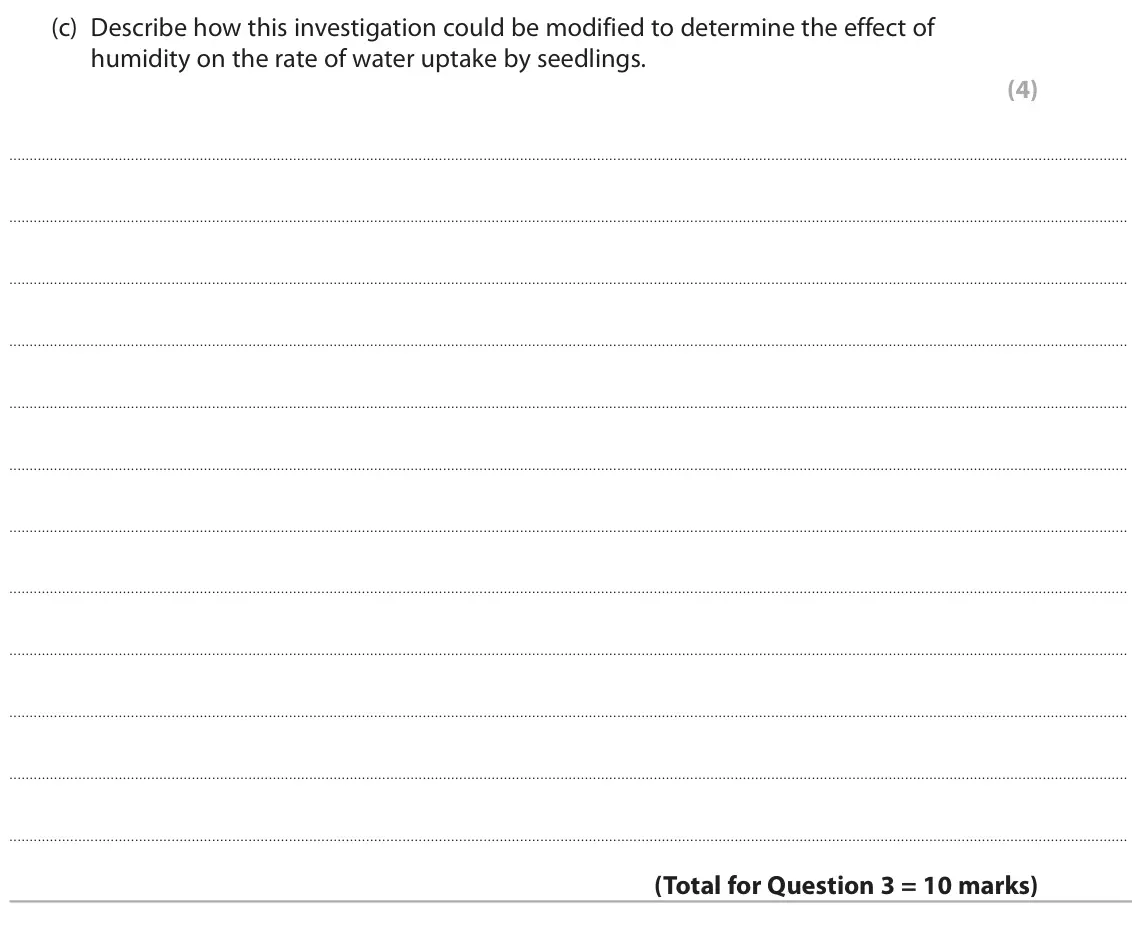 June 2024 AS Paper 2, question 3(c): Describe how this investigation could be modified to determine the effect of humidity on the rate of water uptake by seedlings. (4)