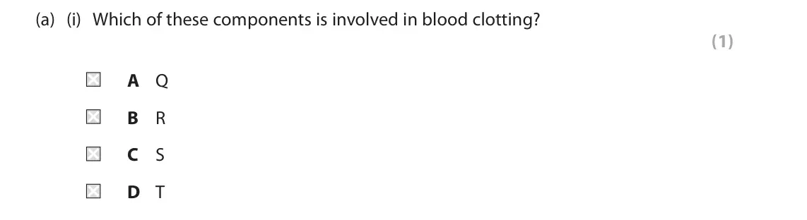 June 2024 AS Paper 2, question 5(a)(i): Which of these components is involved in blood clotting? (1) A Q B R C S D T