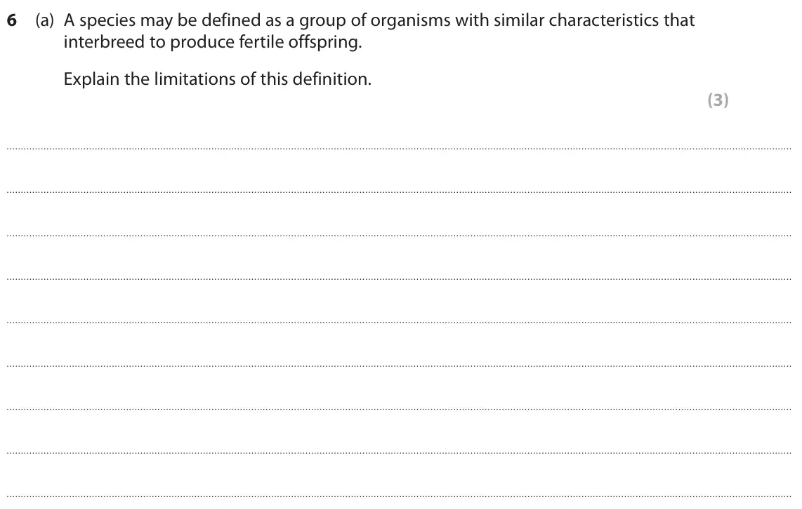 June 2024 AS Paper 2, question 6(a): A species may be defined as a group of organisms with similar characteristics that interbreed to produce fertile offspring. Explain the limitations of this defi