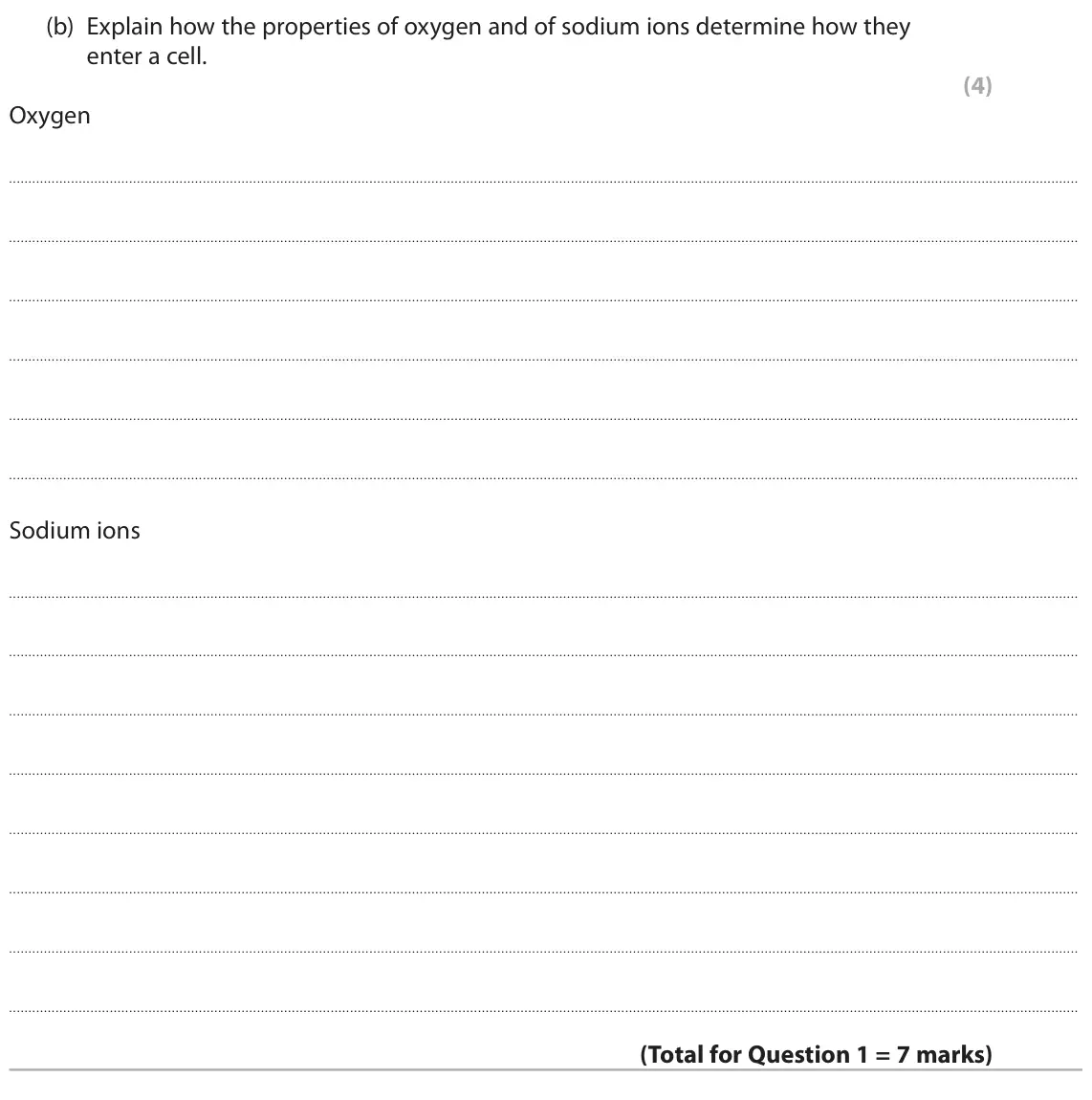 June 2025 AS Paper 2, question 1(b): Explain how the properties of oxygen and of sodium ions determine how they enter a cell. (4) Oxygen Sodium ions
