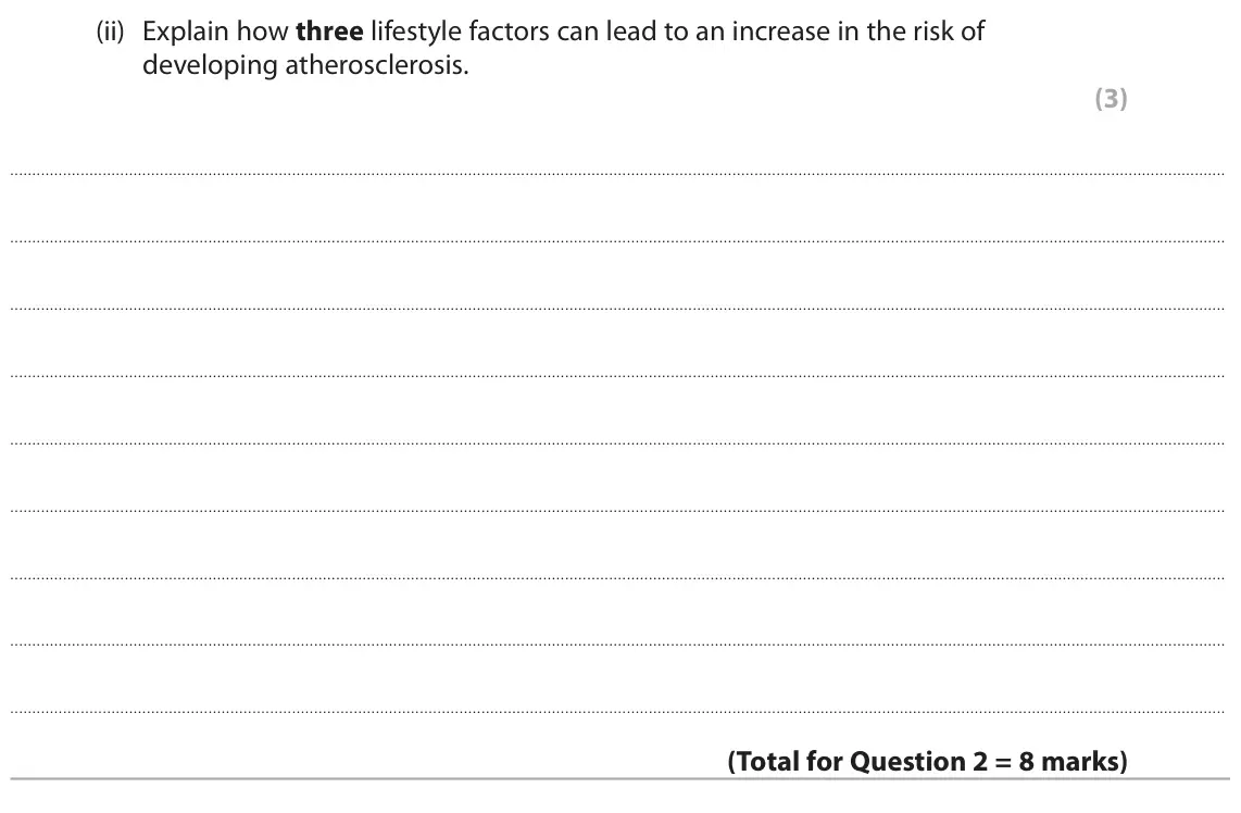 June 2025 AS Paper 2, question 2(c)(ii): Explain how three lifestyle factors can lead to an increase in the risk of developing atherosclerosis. (3)
