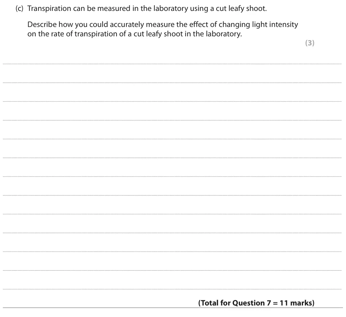 June 2025 AS Paper 2, question 7(c): Transpiration can be measured in the laboratory using a cut leafy shoot. Describe how you could accurately measure the effect of changing light intensity on the